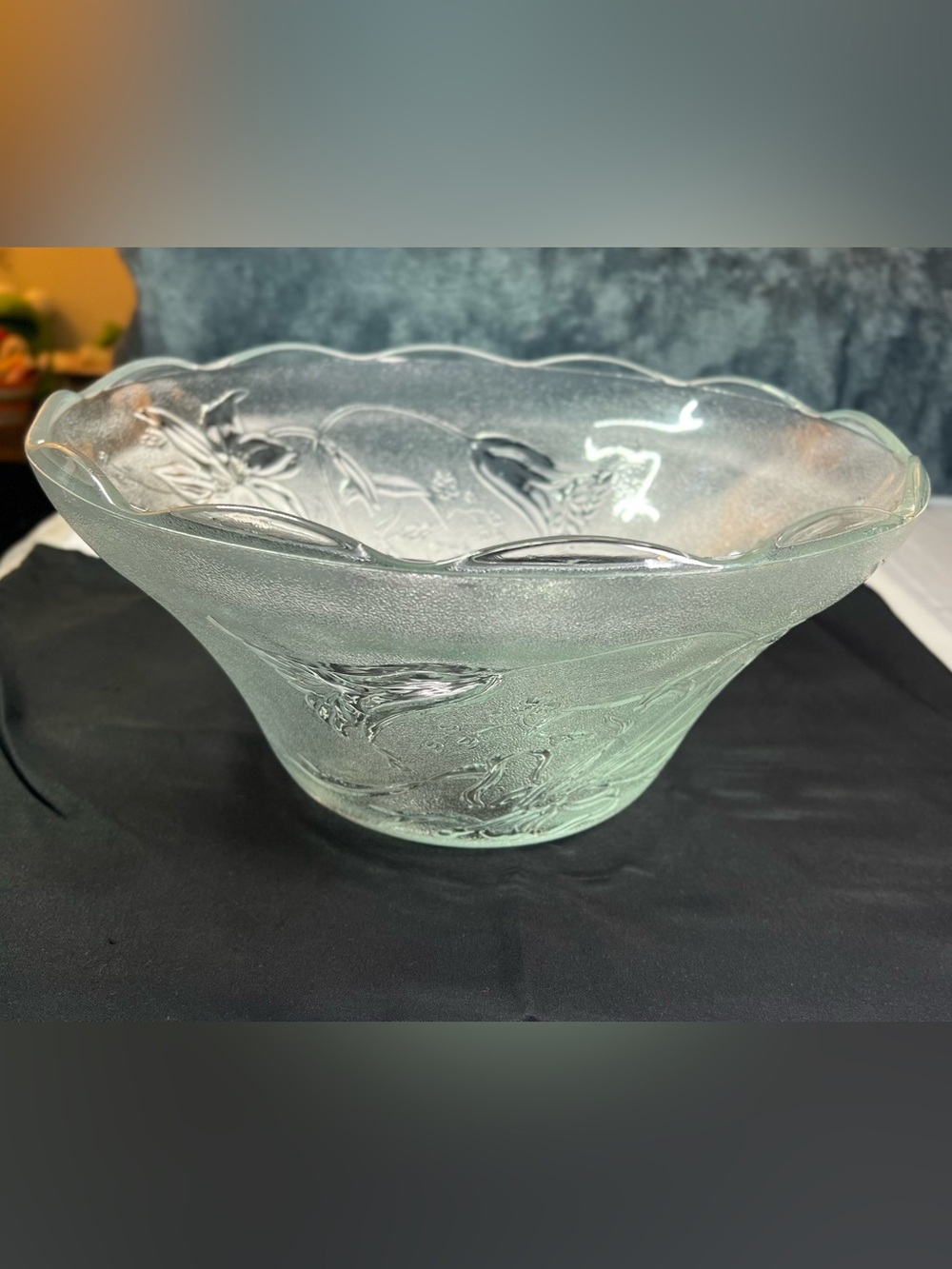 Vintage KIG Glass Carnation & Lily Frosted Punch Salad Bowl 11" x 5.75" 170oz